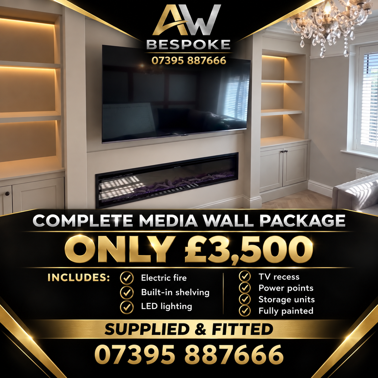 AW Bespoke £3,500 complete media wall package advert with included items and contact number